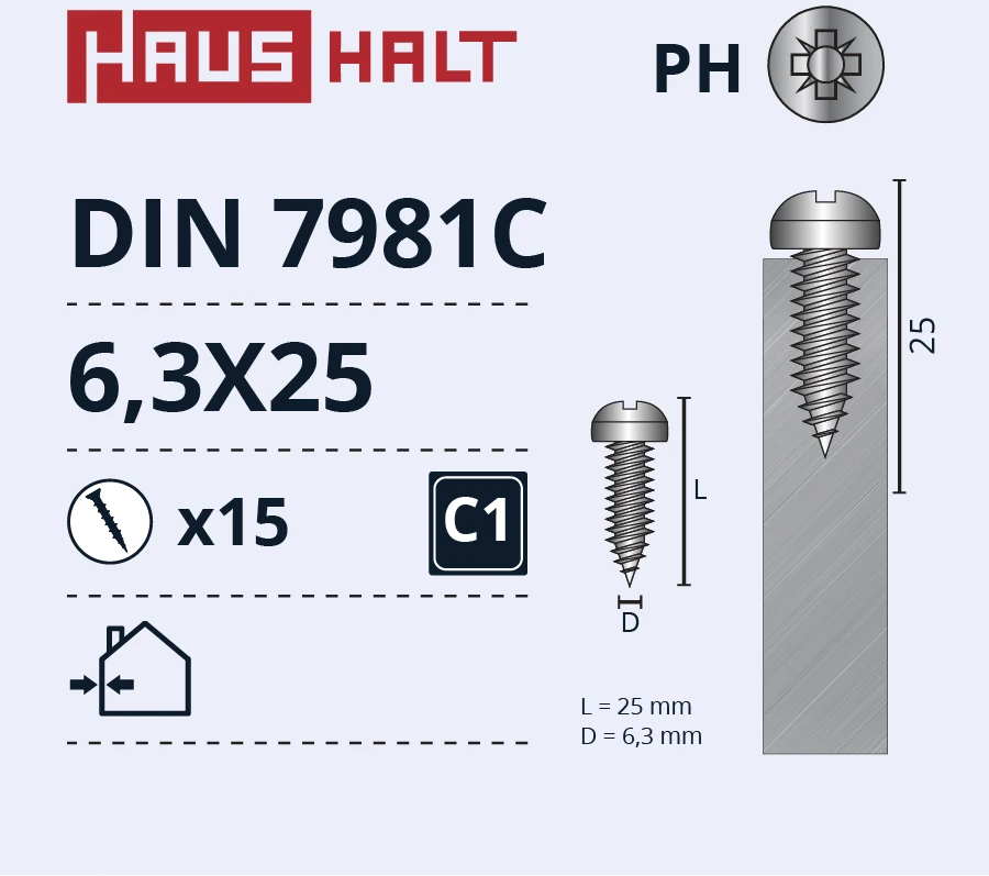 Savisriegiai Haushalt, DIN 7981C, 6.3 x 25 mm, 15 vnt.