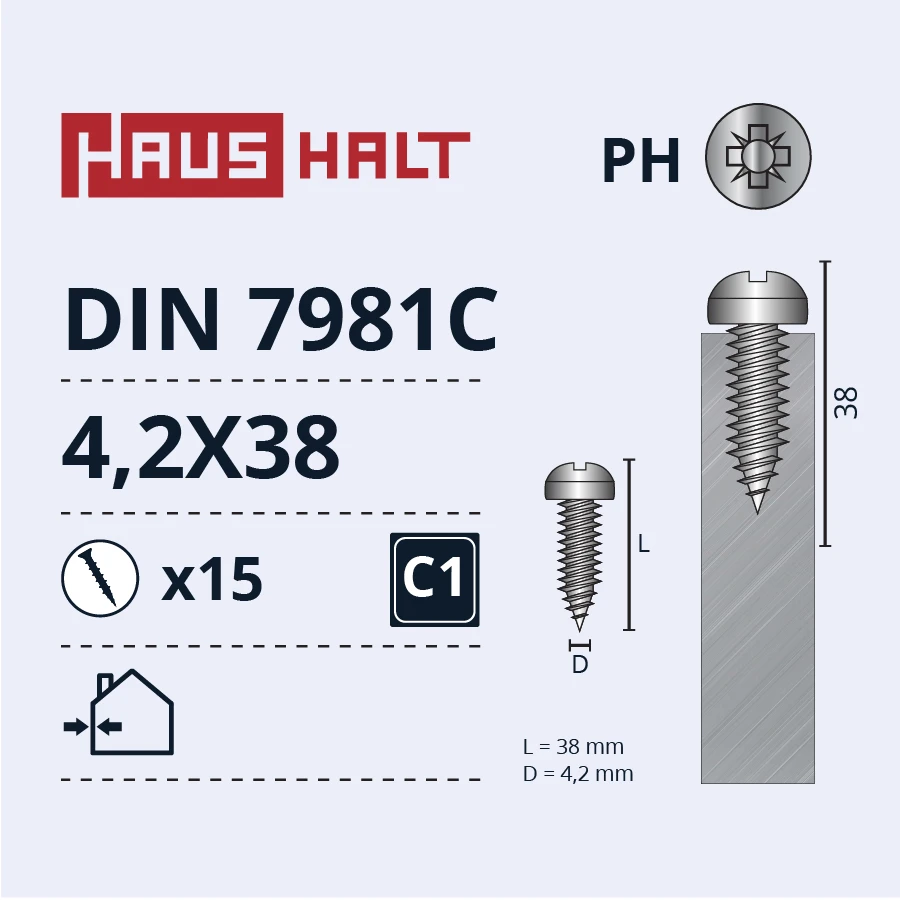 Savisriegiai Haushalt, DIN 7981C, 4.2 x 38 mm, 15 vnt.