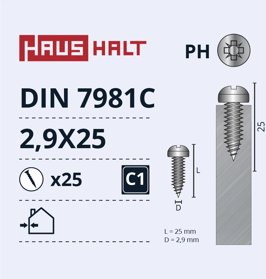 Savisriegiai Haushalt, DIN7981C, 2.9 x 25 mm, 25 vnt.