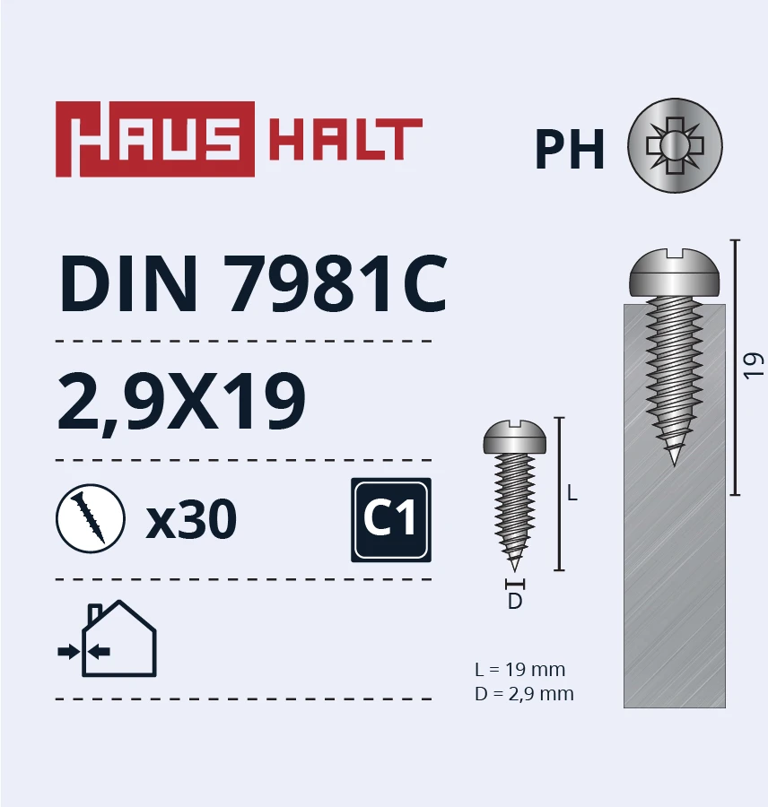 Savisriegiai Haushalt, DIN7981C, 2.9 x 19 mm, 30 vnt.