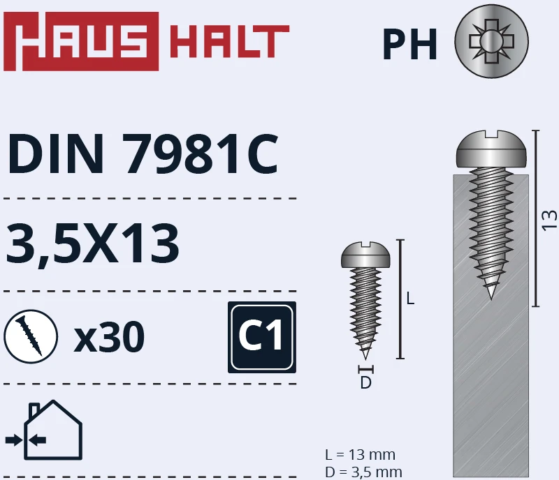 Savisriegiai Haushalt, DIN7981C, 3.5 x 13 mm, 30 vnt.