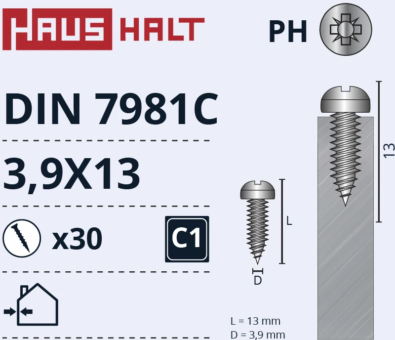 Savisriegiai Haushalt, DIN7981C, 3,9 x 13 mm, 30 vnt.