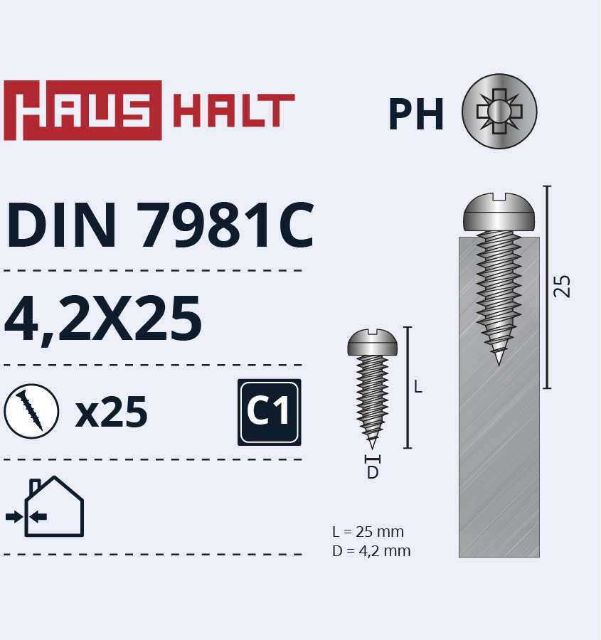 Savisriegiai Haushalt, DIN7981C, 4,2 x 25 mm, 25 vnt.
