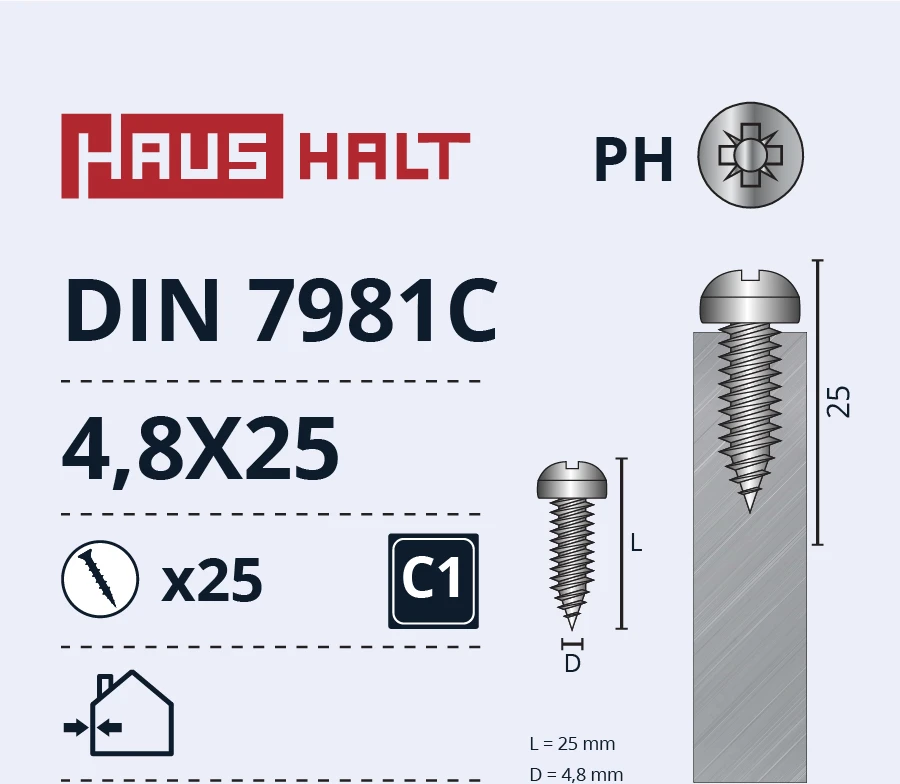 Savisriegiai Haushalt, DIN7981C, 4,8 x 25 mm, 25 vnt.