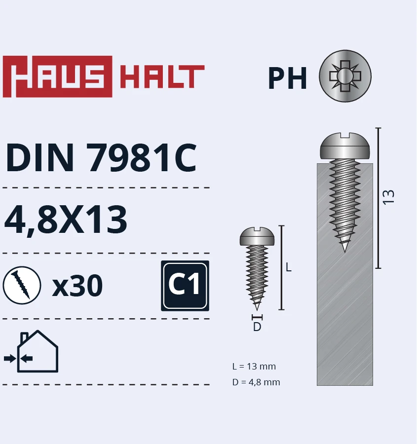 Savisriegiai Haushalt, DIN7981C, 4,8 x 13 mm, 30 vnt.