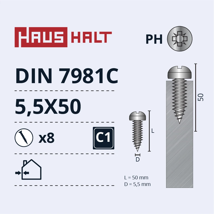 Savisriegiai Haushalt, DIN7981C, 5,5 x 50 mm, 8 vnt.