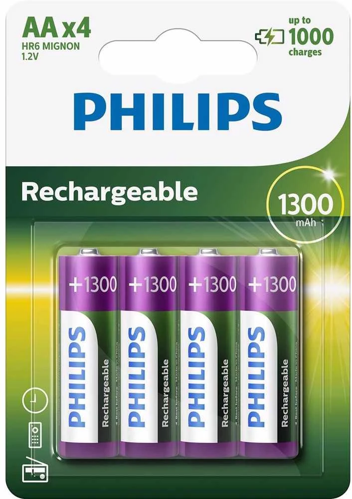 Philips įkraunama baterija R6B4A130/10, Įkraunama baterija, Nikelio-metalo hidrido (NiMH), 1,2 V, 1300 mAh, 2 metai, 78 g
