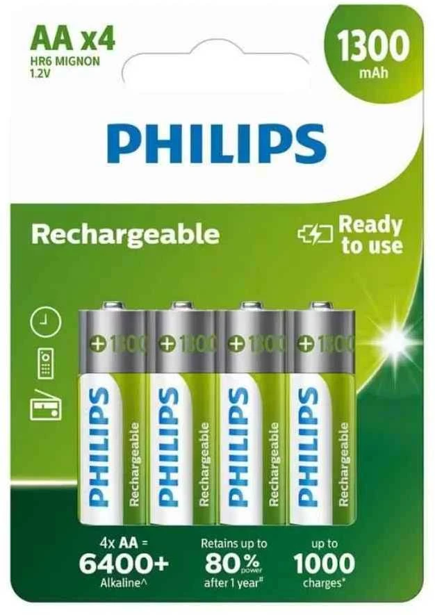 Philips įkraunama baterija R6B4A130/10, Įkraunama baterija, Nikelio-metalo hidrido (NiMH), 1,2 V, 1300 mAh, 2 metai, 78 g