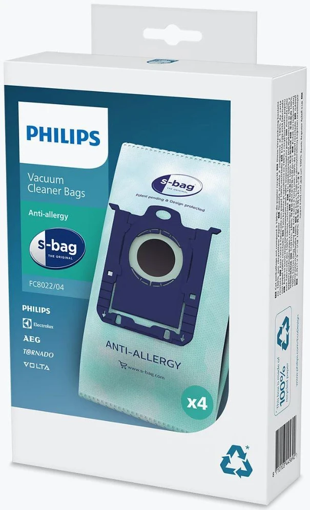 Philips s-bag Dulkių siurblių maišeliai FC8022/04 4 x dulkių maišeliai Vienas standartas tinka visiems Antialerginiam filtravimui