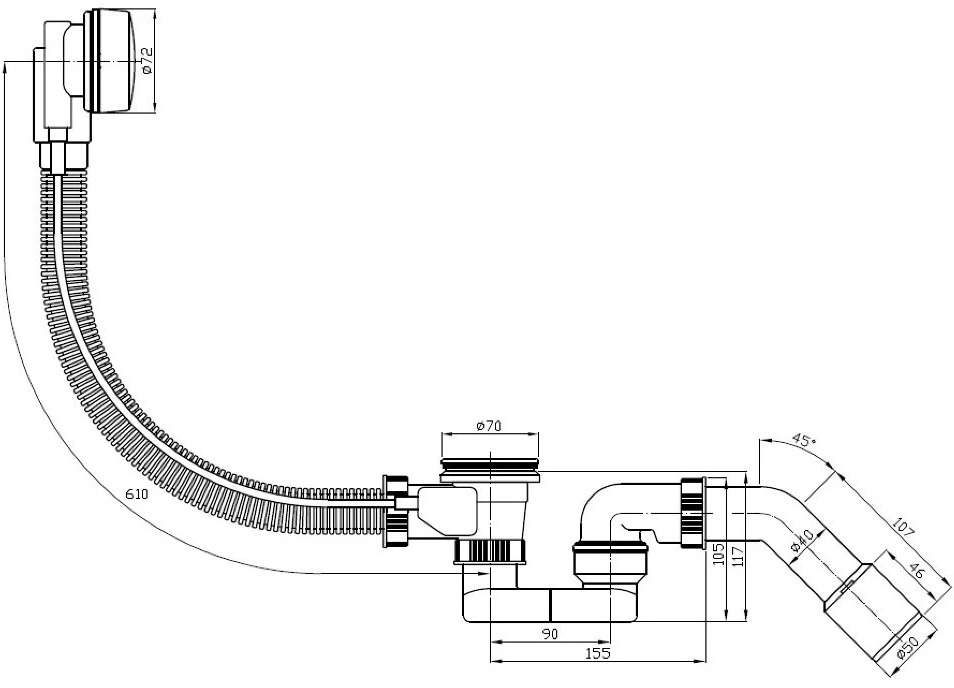 Plastbrno Automatinis sifonas voniai EVS0141, 45°,40/50mm, L 61cm