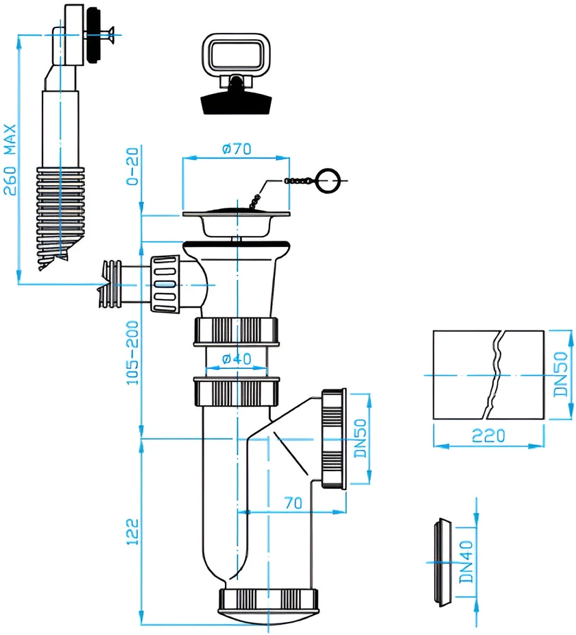Plastbrno Sifonas virtuvės kriauklei 1 1/2X50mm su išbėgimu, perpildymu