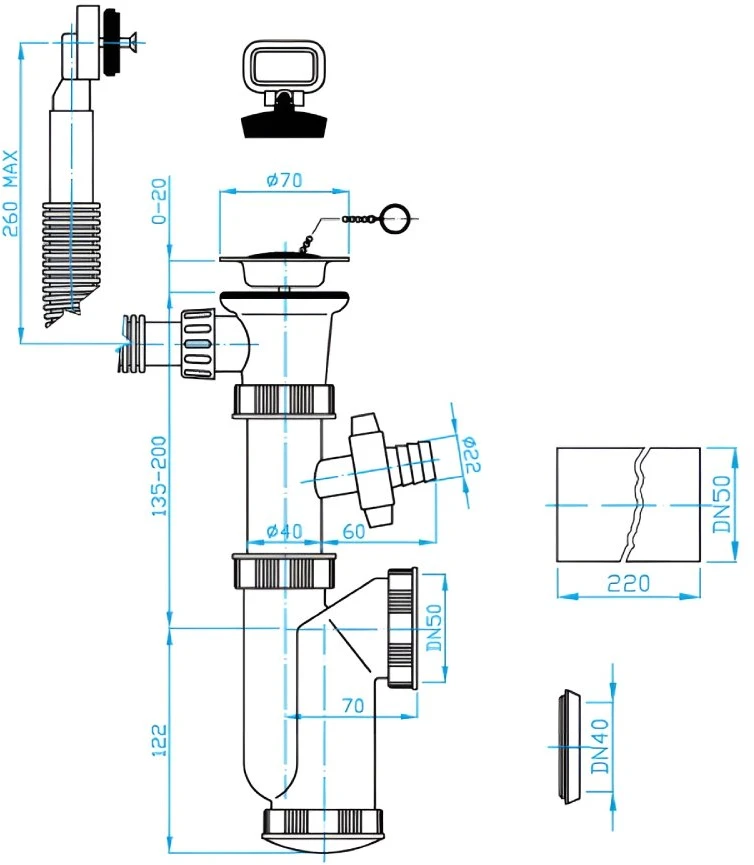 Plastbrno Virtuvės išleidimo sifonas su išleidimu ir perpildymu 1 1/2"X50mm