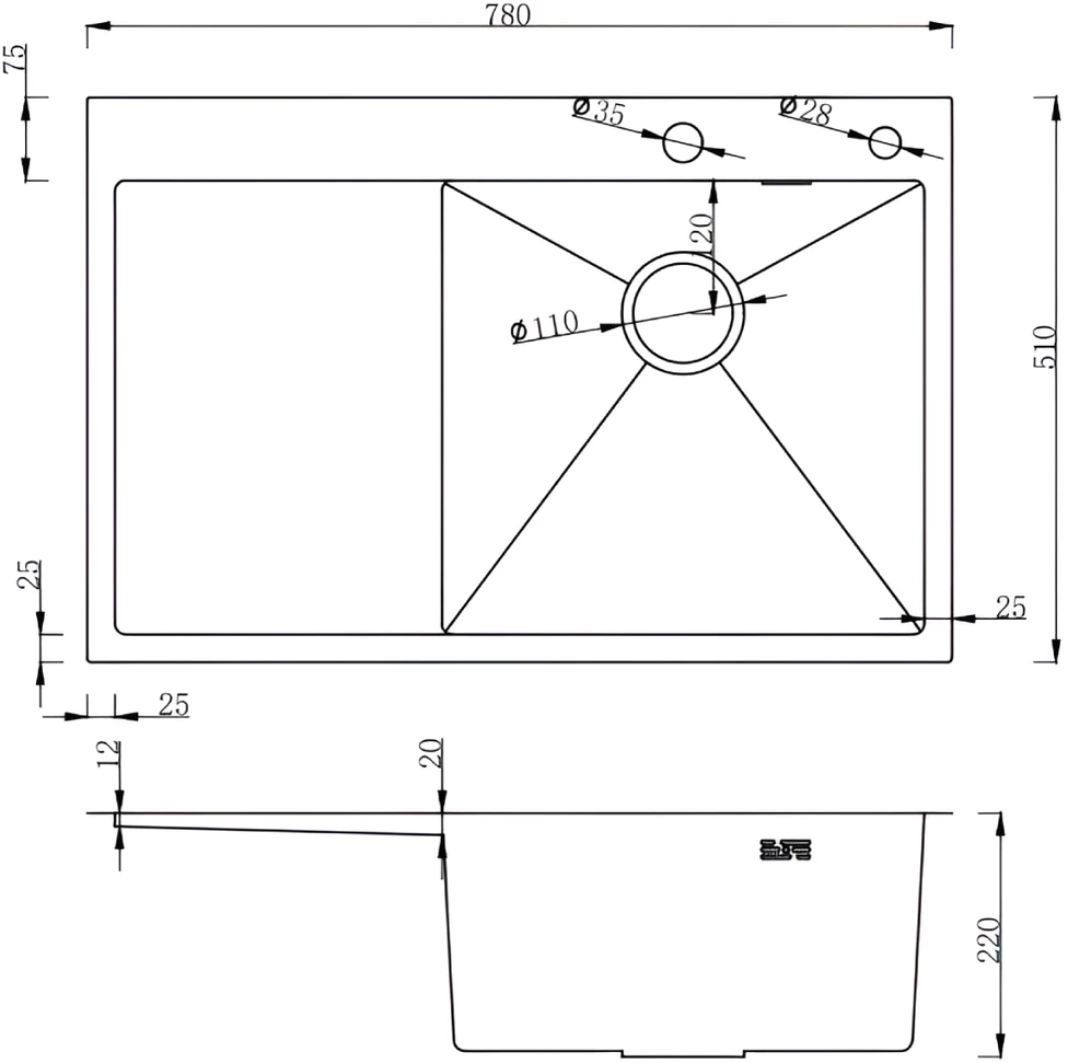 Plautuvė NT AB 780x510x200mm su paviršiumi, dešininė, grafito, su sifonu