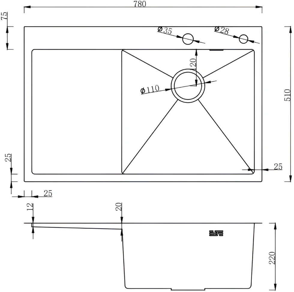 Virtuvinė kriauklė NT AB 780x510mm Nerūdijančio plieno Satino apdaila