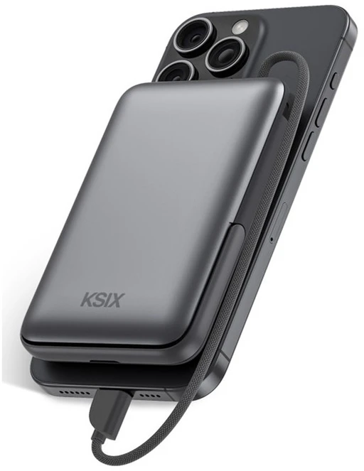 Ksix Magnetic Power Bank 10000 mAh, 22.5W, skirtas iPhone ir Apple Watch, Pilkas