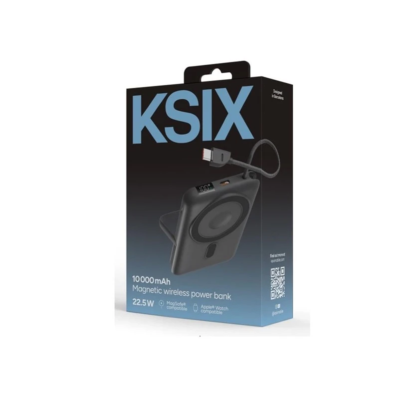 Ksix Magnetic Power Bank 10000 mAh, 22.5W, skirtas iPhone ir Apple Watch, Pilkas
