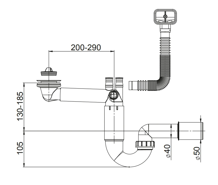 Prevex Sifonas 1 1/2" X 50mm su perpildymu ir skalbimo mašinos jungtimi