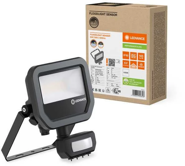 Ledvance 6-8W LED prožektorius FL 10 GEN4, juodas, 4000K, IP65, su judesio davikliu