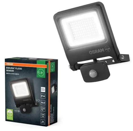 Prožektors ar kustības sensoru, stiprināms pie sienas Osram Endura, 50 W, 5250 lm, 4000 °K, IP44, pelēka