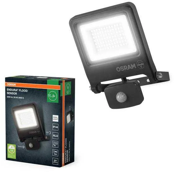 Prožektors ar kustības sensoru, stiprināms pie sienas Osram Endura, 50 W, 5250 lm, 4000 °K, IP44, pelēka