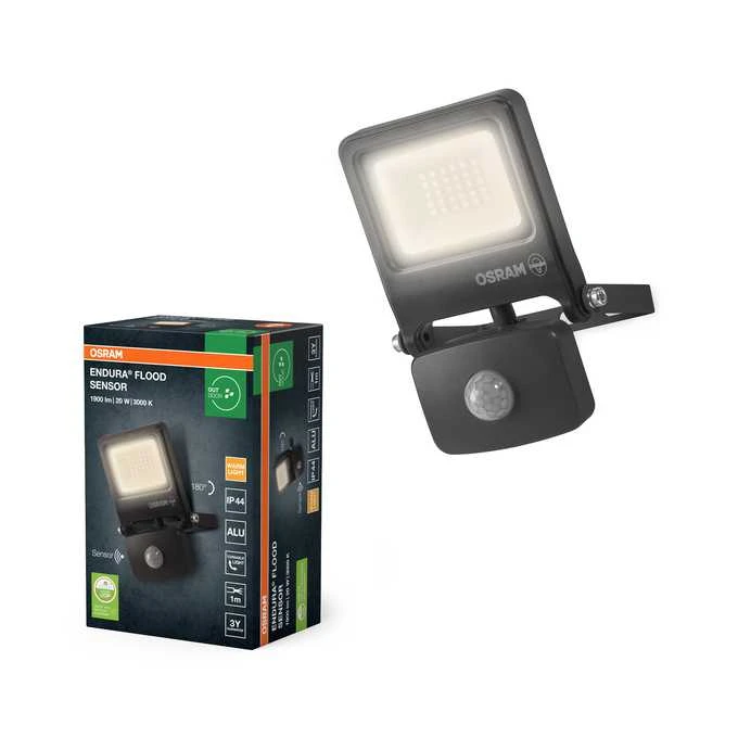 Prožektors ar kustības sensoru, stiprināms pie sienas Osram Endura, 20 W, 1900 lm, 3000 °K, IP44, pelēka