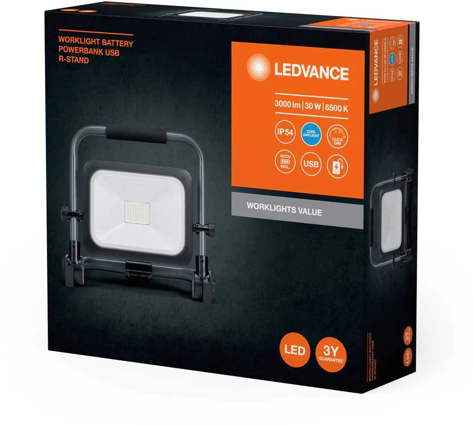Ledvance 30W LED prožektorius su stovu WORKLIGHTS VALUE USB, juodos/pilkos sp., 6500K, dimeriuojamas, su baterija, IP54