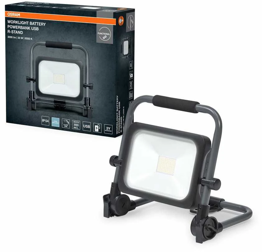 Ledvance 30W LED prožektorius su stovu WORKLIGHTS VALUE USB, juodos/pilkos sp., 6500K, dimeriuojamas, su baterija, IP54