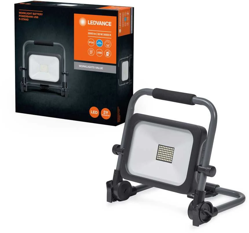 Ledvance 30W LED prožektorius su stovu WORKLIGHTS VALUE USB, juodos/pilkos sp., 6500K, dimeriuojamas, su baterija, IP54