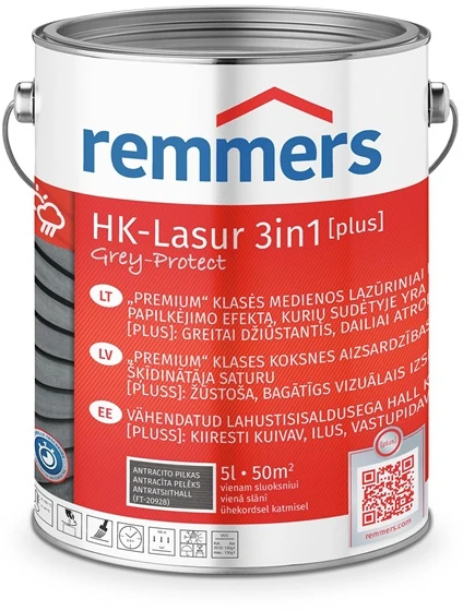 Owa Armor Lazūriniai dažai Remmers HK-Lasur 3in1 Pilkas-Protect [plus] Antracito pilkas FT20928 5 l