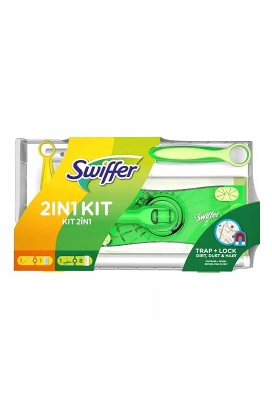 SWIFFER rinkinys: grindų šepetys + 8 šluostės + dulkių šluotelė