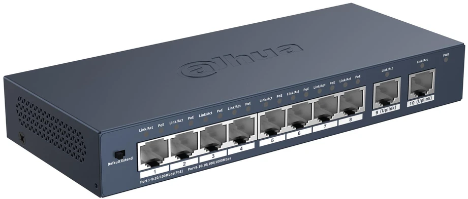 Šakotuvas Dahua Technology PoE S3010-8ET2GT-90 network switch Unmanaged Fast Ethernet (10/100) Power over Ethernet (PoE) Desktop/Wall-Mounting Mėlyna