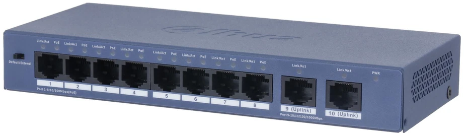 Šakotuvas Dahua Technology PoE S3010-8ET2GT-90 network switch Unmanaged Fast Ethernet (10/100) Power over Ethernet (PoE) Desktop/Wall-Mounting Mėlyna