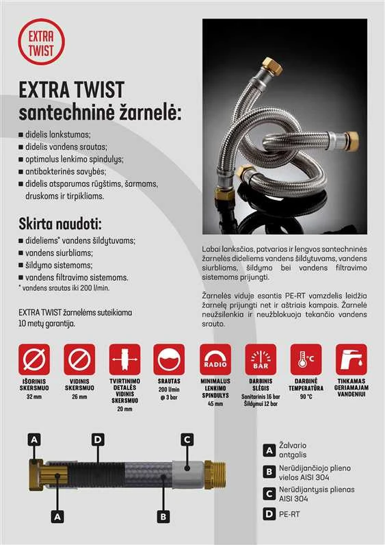 Santechninė žarnelė su alkūne Tucai S.A. Extra Twist, I1''–V1'', 80 cm