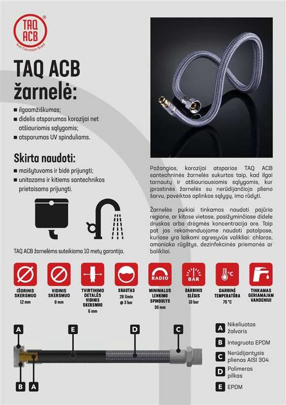 Santechninė žarnelė Tucai Taq ACB, V1/2”-V1/2″, 100 cm