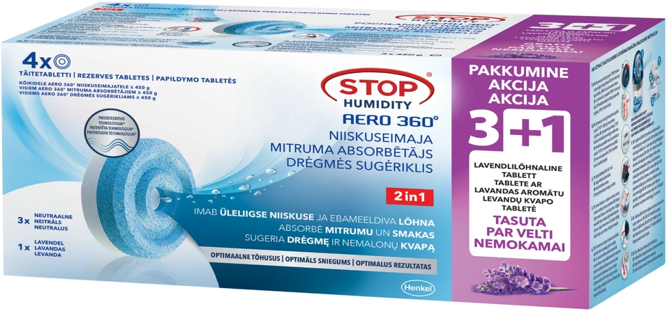 Sausintuvas Stop Humidity Ceresit STOP MOISTURE AERO 360° pakaitinės tabletės 3+1 levanda (4x450g)