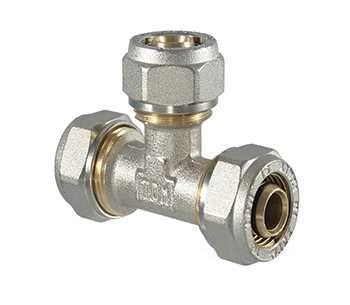 Užveržiamas trišakis TDM Brass 1045, 90 °, 16mm, žalvaris/nikelis