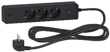 SCHNEIDER ELECTRIC UNICA SYSTEM+ EXTENSION CORD - 3M 3X SUKO + 2X USB - Juodas