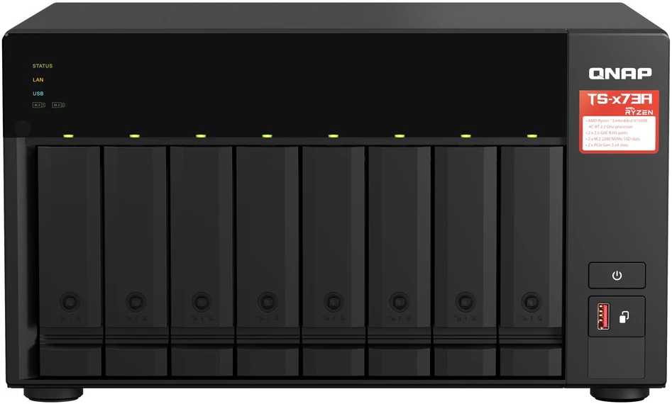 Serveris QNAP | 8 lizdų QTS ir QuTS hero NAS | TS-873A-8G | Iki 8 HDD/SSD su karšto keitimo funkcija | AMD Ryzen | Ryzen V1500B keturių branduolių | Procesoriaus dažnis 2,2 GHz | 8 GB | DDR4