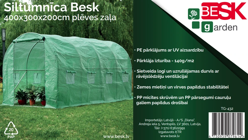 Šiltnamis Besk 400x300x200cm plėvele žalias