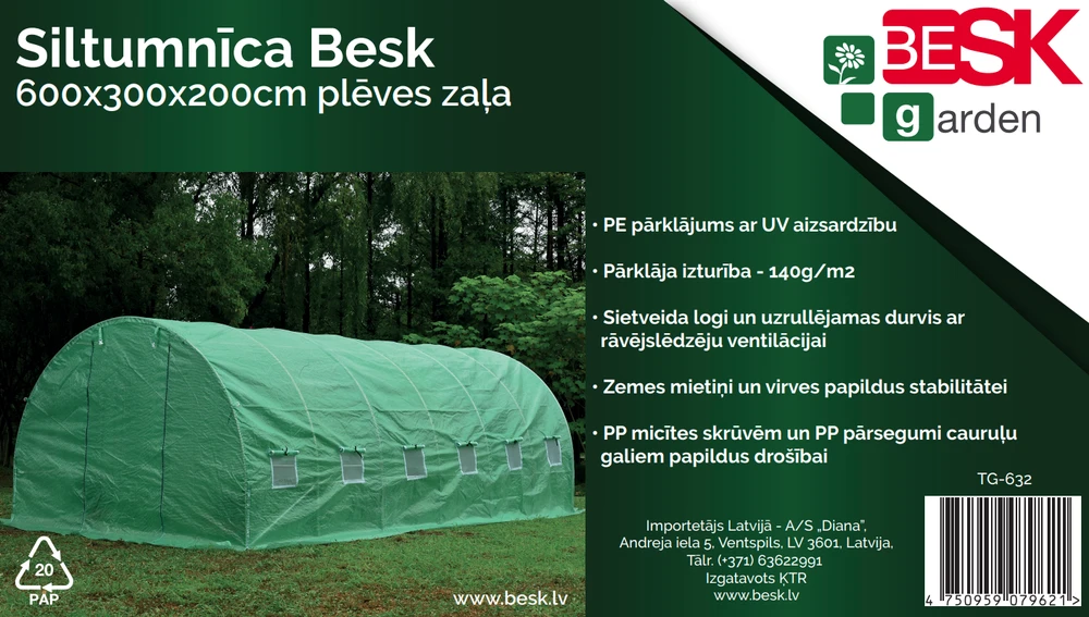 Šiltnamis Besk 600x300x200cm, plėvelė žalia
