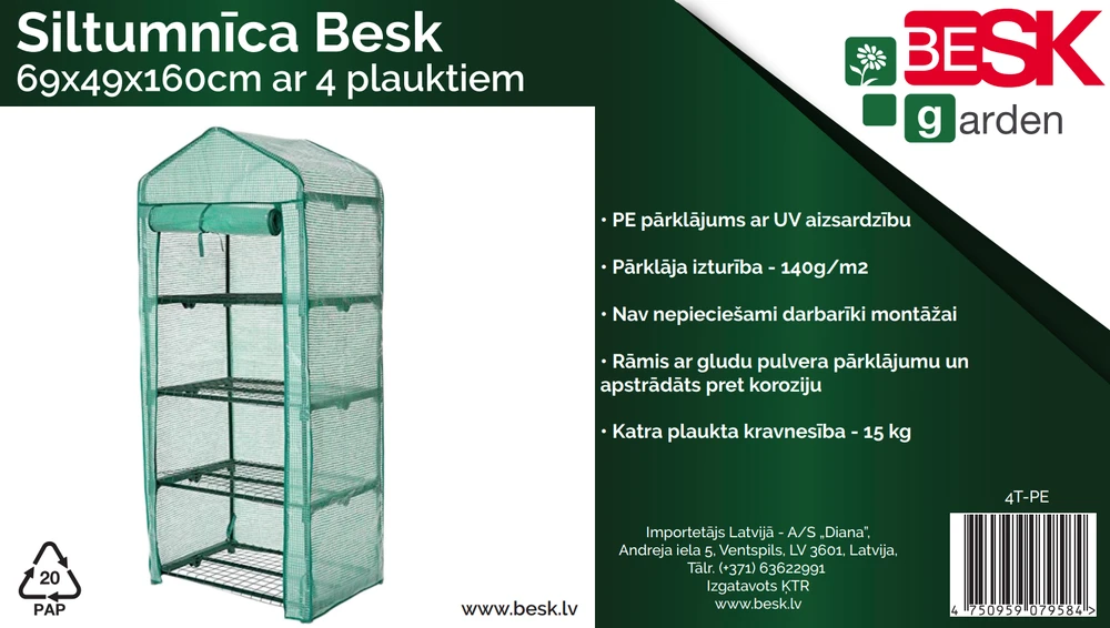 Šiltnamis BESK 69x49x160cm su 4 lentynomis