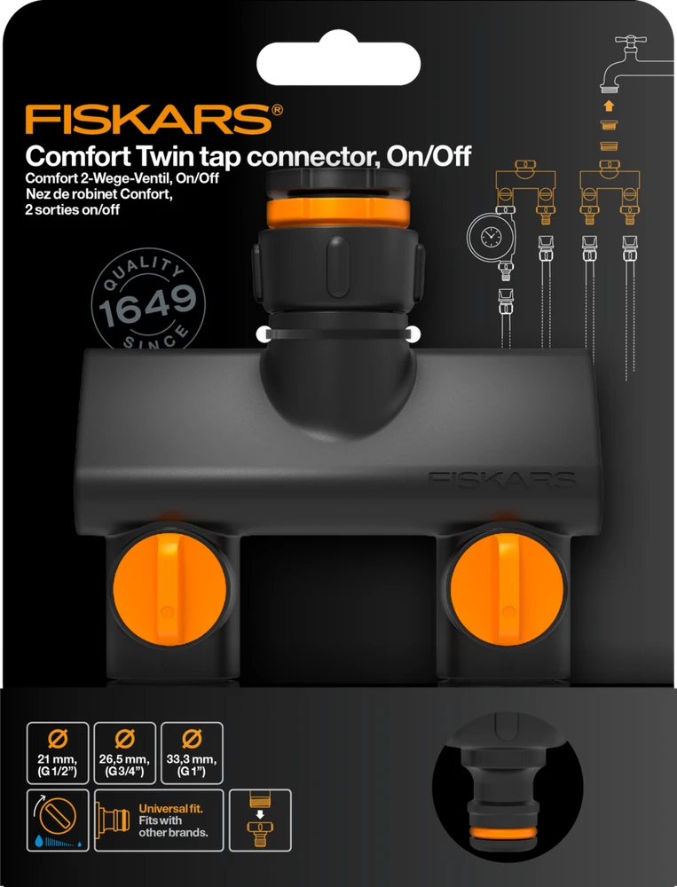 Fiskars Comfort čiaupo jungtis su dviem žarnų pajungimais On/ff