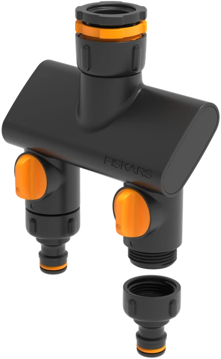 Fiskars Comfort čiaupo jungtis su dviem žarnų pajungimais On/ff