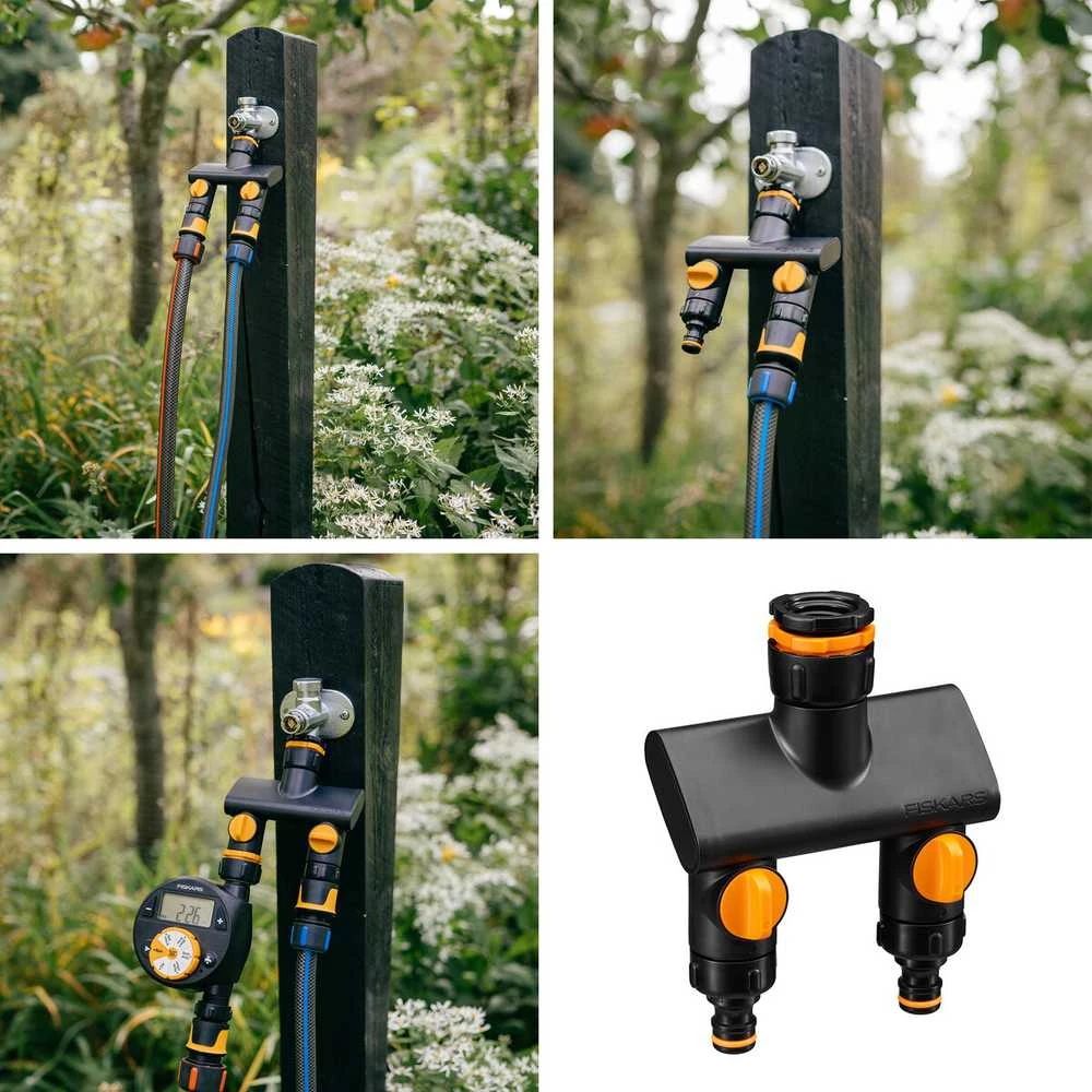 Fiskars Comfort čiaupo jungtis su dviem žarnų pajungimais On/ff