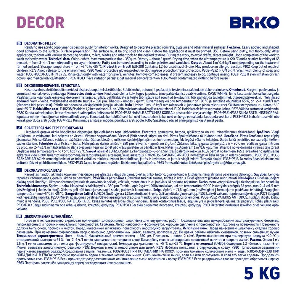 Briko dekoratyvinis glaistas, techninė instrukcija