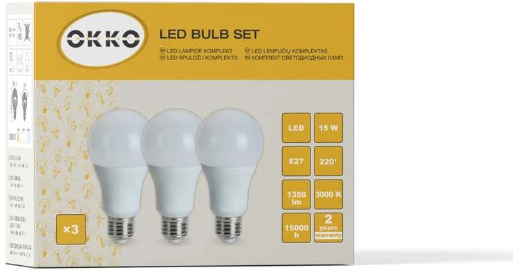 Okko GTV LED lemputė A60 15W E27 830 1350lm 3 vnt.