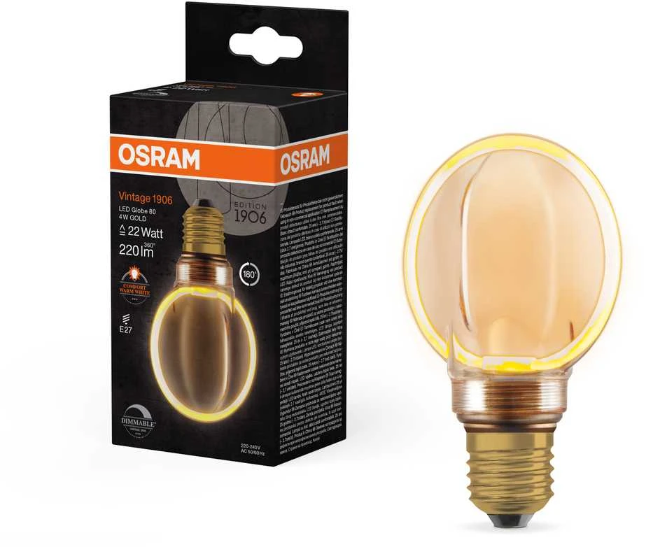 Dekoratyvinė LED lemputė OSRAM O-FILAMENT, G80, E27, 4W, 1800K, 110lm, dimeriuojama