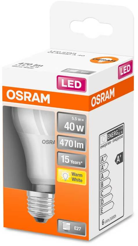 LED lemputė OSRAM, A60, E27, 5,5 W, 470 lm, 2700 K