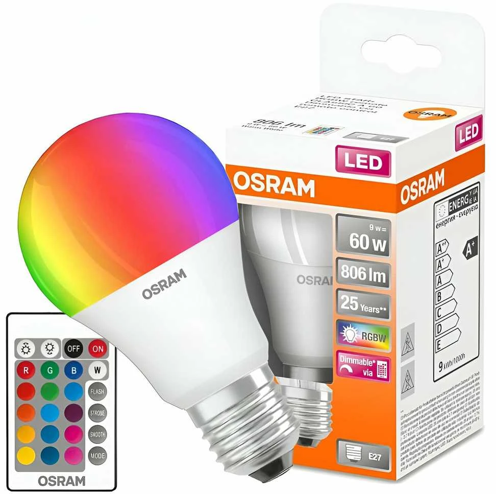Osram LED Star+ Classic A RGBW FR 60 reguliuojama 9W/827 E27 lemputė su nuotolinio valdymo pultu | 9 W | RGBW