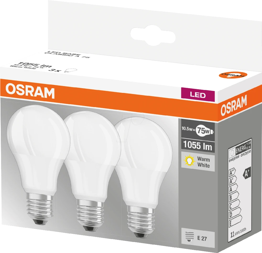 LED lemputė Osram CLA75 10W E27 3 vnt. šilta balta